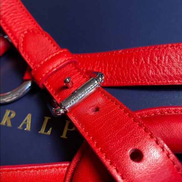 Ralph Lauren Made in Italy Red Calf Leather Silver Tone 2 Buckle Tri-Strap Belt - Picture 5 of 16